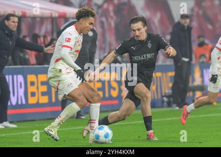 Deutschland, Sachsen, Leipzig, RB Leipzig gegen Borussia Mönchengladbach, Fussball, DFB, Bundesliga, 9. Spieltag, Spielzeit 2024/2025, RB Arena, v.l. im Bild: Antonio Nusa RB Leipzig 07, Rocco Reitz B.- Mönchengladbach 27, Zweikampf, Action, Kampf, kaempft um den Ball, DFB/DFL VORSCHRIFTEN VERBIETEN JEDE VERWENDUNG VON FOTOGRAFIEN ALS BILDSEQUENZEN UND/ODER QUASI-VIDEO, 09.11.2024, *** DE, Sachsen, Leipzig, RB Leipzig vs Borussia Mönchengladbach, Fußball, DFB, Bundesliga, 9 Spieltag, Staffel 2024 2025, RB Arena, von l im Bild Antonio Nusa RB Leipzig 07 , Rocco Reitz B Mönchengladbach 27 , Duell, Action, Stockfoto