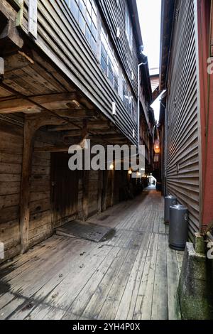 Bergen, Norwegen - 8. August 2022: Enge Gasse zwischen den ikonischen Holzhäusern von Bryggen in Bergen, Norwegen. Die historischen Gebäude sind berühmt Stockfoto