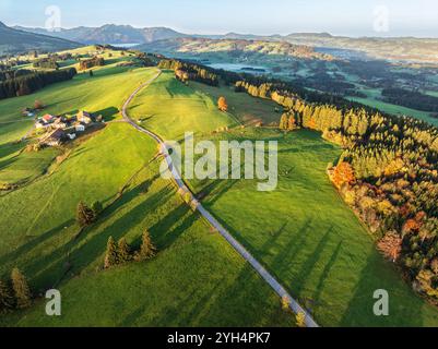 Bergkette in der Nähe des Dorfes Wertach, alter Bauernhof, Sonnenaufgang, Nebel im Tal, traditioneller Bauernhof, Herbstfarben, Luftaufnahme, Allgäu, Bayern, Deutschland Stockfoto