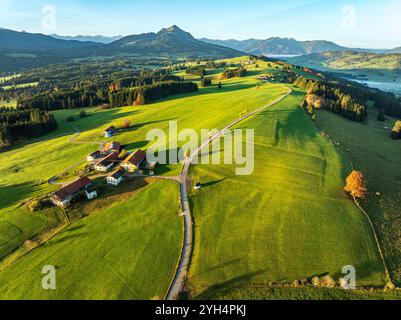 Bergkette in der Nähe des Dorfes Wertach, Blick auf mt. Gruenten, Sonnenaufgang, Nebel im Tal, traditioneller Bauernhof, Herbstfarben, Luftaufnahme, Allgaeu, Bayern, GE Stockfoto