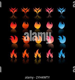 25 Feuersymbole mit unterschiedlichen Verläufen und Formen in Farben von Rot, Orange, Gelb, Pink bis Blau für die Spielentwicklung und Graphic Desig Stock Vektor