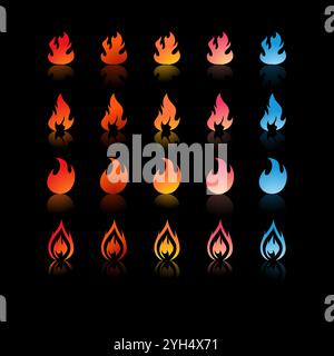 25 Feuersymbole mit unterschiedlichen Verläufen und Formen in Farben von Rot, Orange, Gelb, Pink bis Blau für die Spielentwicklung und Graphic Desig Stock Vektor