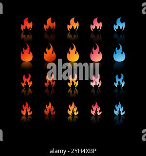 25 Feuersymbole mit unterschiedlichen Verläufen und Formen in Farben von Rot, Orange, Gelb, Pink bis Blau für die Spielentwicklung und Graphic Desig Stock Vektor