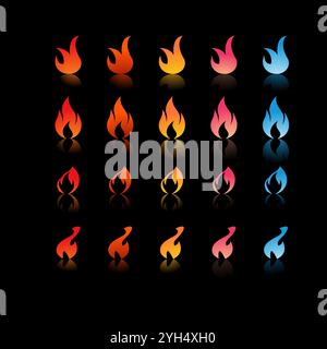 25 Feuersymbole mit unterschiedlichen Verläufen und Formen in Farben von Rot, Orange, Gelb, Pink bis Blau für die Spielentwicklung und Graphic Desig Stock Vektor