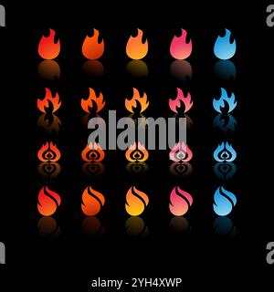 25 Feuersymbole mit unterschiedlichen Verläufen und Formen in Farben von Rot, Orange, Gelb, Pink bis Blau für die Spielentwicklung und Graphic Desig Stock Vektor