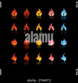 25 Feuersymbole mit unterschiedlichen Verläufen und Formen in Farben von Rot, Orange, Gelb, Pink bis Blau für die Spielentwicklung und Graphic Desig Stock Vektor