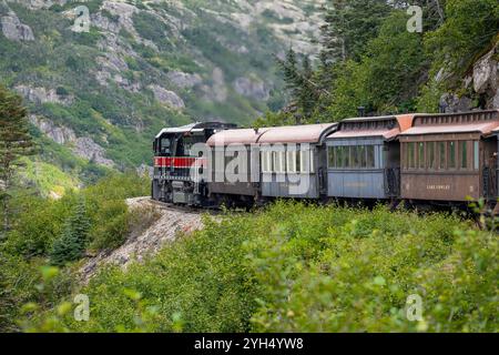 USA, Alaska, Skagway. Historischer White Pass und Yukon Route Schmalspurbahn. Stockfoto