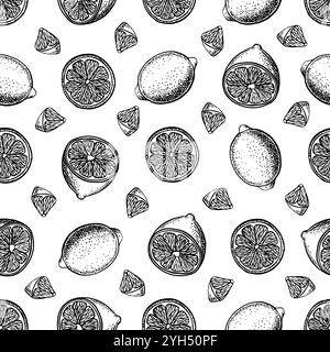 Nahtloses Muster mit Zitronen, ganz, geschnitten, Hälften und Scheiben. Vektorgraphische Illustration von Zitrusfrüchten. Handgezeichnetes Schwarzweiß-Bild. Auf einen Blick Stock Vektor