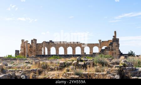 Ruinen der Basilika an der archäologischen Stätte Volubilis in der Region Meknes-Tafilalet, Marokko. Stockfoto