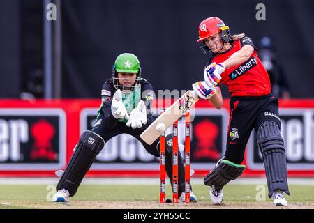 Melbourne, Australien, 9. November 2024. Nicole Faltum von Melbourne Renegades schlägt beim Spiel der Weber Women's Big Bash League (WBBL10) T20 zwischen Melbourne Renegades Women und Melbourne Stars Women im CitiPower Centre Junction Oval am 9. November 2024 in Melbourne, Australien. Quelle: Santanu Banik/Speed Media/Alamy Live News Stockfoto