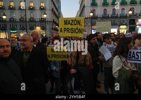 Madrid, Spanien. November 2024. Dutzende von Menschen haben sich in der Puerta del Sol in Madrid versammelt, um an den Demonstrationen teilzunehmen, die in Spanien für diesen 9. November aufgerufen wurden, um den Rücktritt des Präsidenten der Generalitat Valenciana, Carlos Mazón, zu fordern, der wegen schlechter Verwaltung während der DANA beschuldigt wird, die am 29. Oktober die Region heimgesucht hat und bei der bisher mehr als 200 Menschen ums Leben gekommen sind. Quelle: D. Canales Carvajal/Alamy Live News Stockfoto