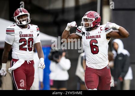 Nashville, Tennessee, USA. November 2024. South Carolina Gamecocks Tight End Joshua Simon (6) reagiert mit South Carolina Gamecocks Tight End Michael Smith (20), nachdem er einen Touchdown gegen die Vanderbilt Commodores erzielt hat. (Kreditbild: © Camden Hall/ZUMA Press Wire) NUR REDAKTIONELLE VERWENDUNG! Nicht für kommerzielle ZWECKE! Stockfoto