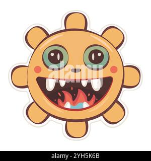 Niedlicher Monsteraufkleber, groovige Sonne, Vektor-Orange-Charakter, Hippie und trippischer Avatar, trendige funky Illustration Stock Vektor