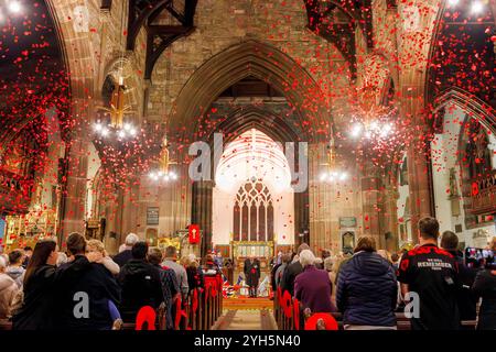 Warrington, Cheshire, England, Großbritannien. November 2024. Das jährliche Festival of Remembrance findet in der St. Elphin's Parish Church statt. Es war ein Abend, um an den Dienst und die Opfer unserer Streitkräfte in weltweiten Konflikten zu erinnern und zu ehren. Eine Kaskade von Mohnblumen fällt nach dem letzten Beitrag. Quelle: John Hopkins/Alamy Live News Stockfoto