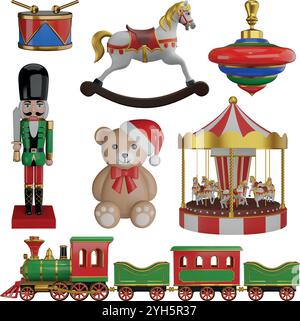Set mit isolierten 3D-weihnachtsspielzeugen. Sammlung von Vintage-weihnachtsspielzeug realistische Illustration Stock Vektor