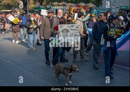 New York, Usa. November 2024. NEW YORK, NEW YORK – 9. NOVEMBER: Einwanderer und Aktivisten mit Banner und Schildern marschieren am Columbus Circle während einer Kundgebung und eines marsches gegen die bevorstehende Trump-Regierung und seine Vorschläge für Massendeportationen von Einwanderern ohne Papiere am 9. November 2024 in New York City. Quelle: Ron Adar/Alamy Live News Stockfoto