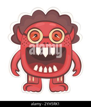 Wütender grooviger Monster-Aufkleber, vektorroter bösartiger Charakter, Hippie und trippischer Avatar, trendige funky Illustration Stock Vektor