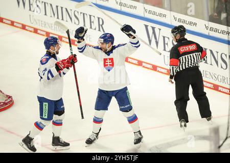 Landshut, Deutschland. November 2024. Eishockey: Germany Cup, Deutschland - Slowakei, Gruppenphase, Spieltag 2. Der slowakische Samuel Takac (r) feiert sein 1:0 Tor mit Alex Tamasi. Darlegung: Daniel Löb/dpa/Alamy Live News Stockfoto