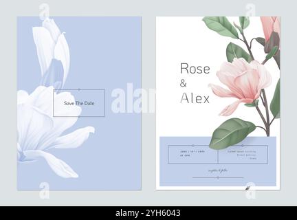 Blumendesign für Hochzeitseinladungskarten, rosa Magnolienblüten mit Blättern auf hellblauem und weißem Stock Vektor