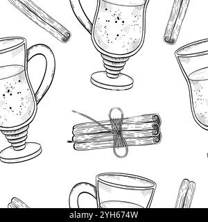 Eine skurrile Illustration mit einer Vielzahl von Getränken und Zimtstangen, die in einem einzigartigen nahtlosen Muster angeordnet sind. Handgezeichnete Vektor-Schwarzweiß-Grafiken in Strichgrafik zum Drucken auf Papier und Stoff. Stock Vektor