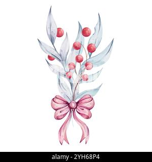 Weihnachtliches Aquarellstrauß mit holly-blauen Blättern und roten Beeren mit Schleife. Winterkomposition, Einrichtung im Retro-Stil. Abbildung handgezeichnet für Stock Vektor