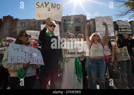 Washington, USA. November 2024. Abtreibungsrechtsaktivisten mit Protestzeichen versammelten sich vor der Heritage Foundation während des Frauenmarsches in Washington DC am 9. November 2024. Hunderte Demonstranten des Frauenmarsches versammeln sich vor den Büros der Heritage Foundation, um den konservativen Denktank zu kritisieren, der Project 2025 veröffentlicht hat (Foto: Probal Rashid/SIPA USA) Credit: SIPA USA/Alamy Live News Stockfoto