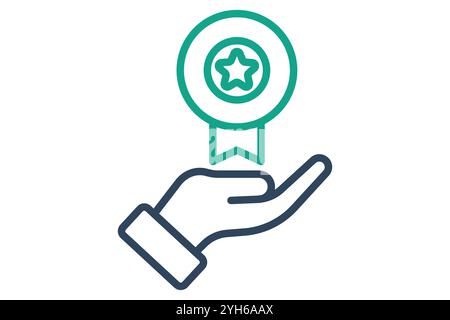 Symbol „Leistungen“. Liniensymbolstil. Hand mit Medaille. Symbol für Motivation. Vektorillustration für Erfolgselemente Stock Vektor