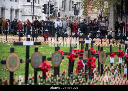 London, Großbritannien. November 2024. Touristen schauen von außen über das Feld der Erinnerung in London. Die Menschen platzieren Mohnblumen und Kreuze im Field of Remembrance in der Westminster Abbey, um die gefallenen Soldaten zu ehren und die Gedenkfeier der Nation zu feiern. Die Tradition begann 1928, als ein paar Mohnblumen um ein Kreuz auf dem Gelände der St. Margaret's Church in Westminster Abbey gelegt wurden. Die Veranstaltung wuchs über die Jahre und jetzt gibt es ein Meer von Kreuzen und Mohnblumen im November. Quelle: SOPA Images Limited/Alamy Live News Stockfoto