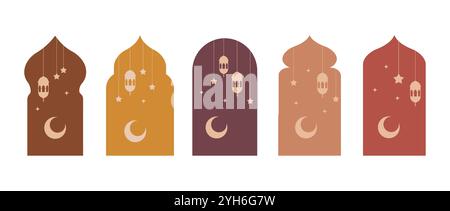 Formen Sie islamische Fenster und Bögen. Set aus muslimischen Rahmen in beigefarbenen Farben. Silhouetten der arabischen Tür. Traditionelle Vektorillustration Stock Vektor