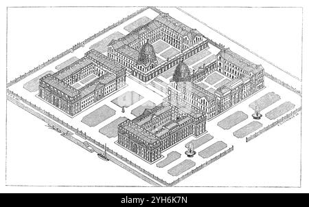 1854 Vintage isometrische Gravur des Greenwich Hospital, heute bekannt als Old Royal Naval College, in London. Stockfoto