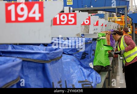 ZAOZHUANG, CHINA - 10. NOVEMBER 2024 - Mitarbeiter überprüfen die Sortierung an einer Montagelinie im Netzwerkbetriebszentrum der Lieferabteilung von C Stockfoto