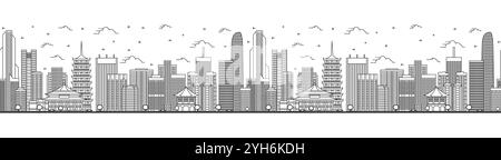 Nahtloses Muster mit umrissener Skyline von Guangzhou China mit modernen Gebäuden isoliert auf weiß. Vektorabbildung. Guangzhou Stadtbild. Stock Vektor