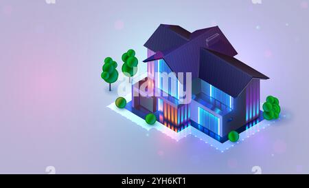 Intelligentes Zuhause. Isometrisches modernes zweistöckiges privates Wohngebäude mit Garage am Abend mit Neonlichtern. Haus mit Garage 3D isometrischer Vektor krank Stock Vektor