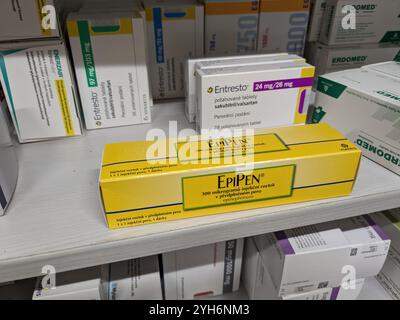 EPIPEN Packung mit dem Wirkstoff Epinephrin von Mylan, zur Behandlung von Anaphylaxie, schweren allergischen Reaktionen, anaphylaktischem Schock. Stockfoto