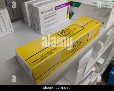 EPIPEN Packung mit dem Wirkstoff Epinephrin von Mylan, zur Behandlung von Anaphylaxie, schweren allergischen Reaktionen, anaphylaktischem Schock. Stockfoto