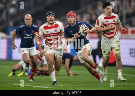 Saint Denis, Frankreich. November 2024. Louis Bielle-Biarrey (R) von Frankreich im Einsatz während des Rugbyspiels der Autumn Nations Series zwischen Frankreich und Japan, Frankreich, in Saint Denis, 9. November 2024 Foto: Eliot Blondet/ABACAPRESS. COM Credit: Abaca Press/Alamy Live News Stockfoto