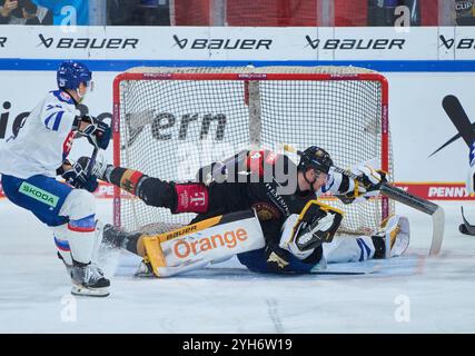 Landshut, Deutschland. November 2024. Justin Schuetz Nr.74 aus Deutschland blockiert den Torwart beim Spiel DEUTSCHLAND - SLOWAKEI 2-6 DEB EISHOCKEY DEUTSCHLAND CUP in Landshut, Deutschland, 9. November 2024, Saison 2024/2025. Fotograf: ddp Images/STAR-Images Credit: ddp Media GmbH/Alamy Live News Stockfoto