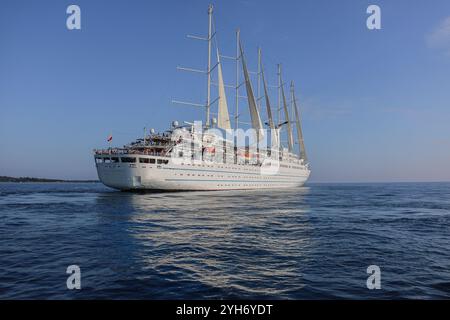 Mittelmeer, Spanien. 9. November 2024: Das fünf-Masten-Kreuzfahrtschiff WINDSURF, eines der größten Segelschiffe der Welt. Der riesige Staysail-Schoner, früher bekannt als CLUB MED 1, segelt in Richtung des spanischen Hafens Cadiz, um das Trockendock der Navantia Werft für die erste Phase umfangreicher Renovierungen (öffentliche Bereiche neu gestaltet, Suiten/Kabinen modernisiert, Dekorationen aktualisiert, neue Atmosphäre) zu betreten. Windstar Cruises hat ein mehrjähriges Projekt zur Neugestaltung und Modernisierung seiner Yachten der Windklasse gestartet: Wind Star, Wind Spirit & Wind Surf (Flaggschiff der Flotte). Quelle: Kevin Izorce/Alamy Live News Stockfoto