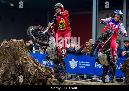 Die Fahrer treten mit ihren Motocross-Bikes auf hölzernen Hindernissen im Rahmen eines Probelaufs auf der EICMA Motorradmesse auf der Rho Fiera Milano in Mailand, Italien, an Stockfoto