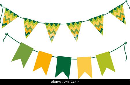 Festliche Wimpelgirlande am Seil in trendigen traditionellen St. Patrick Day Farben. Begrüßungsdesign-Element. Set mit 2 isolierten Vektor-Illustrationskarten, Poster, Broschüren, Banner, Preis, Labels oder Web-Werbeaktion Stock Vektor