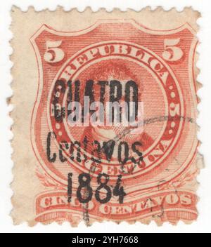 ARGENTINIEN - 1884. Mai 02: 4 auf 5 Centavos-Briefmarke mit dem Porträt von Bernardino de la Trinidad Gonzalez Rivadavia, dem ersten Präsidenten von Argentinien, der dann vom 8. Februar 1826 bis zum 27. Juni 1827 die Vereinigten Provinzen der Río de la Plata genannt wurde. Er wurde am Royal College of San Carlos ausgebildet, verließ aber ohne sein Studium zu beenden. Während der britischen Invasionen diente er als dritter Leutnant der Galicien Volunteers. Er nahm am offenen Cabildo am 22. Mai 1810 Teil und stimmte für die Aussage des Vizekönigs. Aufschlag in Schwarz „CUATRO Centavos 1884“ Stockfoto