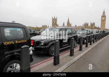 London, Großbritannien, 10. November 2024. Schwarze Taxis stehen an der Westminster Bridge an. Poppy Cabs wurde vor 15 Jahren von Londoner Taxifahrern gegründet und bietet Militärveteranen kostenlose Fahrten an, die an dem jährlichen Remembrance Day Service im Cenotaph in Westminster, London teilnehmen. Inspiriert vom Poppy Appeal der Royal British Legion, bei dem rote Mohnabzeichen gegen Spenden ausgetauscht werden, organisieren sich diese Taxifahrer im Rahmen der „Poppy Cabs“-Initiative. Jedes Jahr bieten Fahrer Veteranen kostenlose Fahrten von den großen Bahnhöfen in ganz London an, um sicherzustellen, dass sie sicher ankommen. James Willoughby/ALAMY Live News Stockfoto