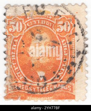 ARGENTINIEN - 1890. Juli 04: 50 Centavo orangene Briefmarke mit Porträt von Bartolomé Mitre Martínez (1821-1906). Er war ein argentinischer Staatsmann, Soldat und Autor. Er war der erste Präsident des Vereinigten Argentiniens. Mitre ist bekannt als der vielseitigste Staatsmann, Militär, Politiker, Journalist, Historiker, Schriftsteller und Dichter.[2] Er war eine wichtige Figur in der Geschichte Argentiniens in der zweiten Hälfte des 19. Jahrhunderts. Er war die Figur, die den Liberalismus in Argentinien am besten charakterisierte, aber er war ein gemäßigter und flexibler Liberaler, nicht dogmatisch Stockfoto