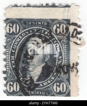 ARGENTINIEN - 12. März 1890: Schwarze Briefmarke 60 Centavo mit Porträt von Gervasio Antonio de Posadas y Davila (1757–1833). Er war vom 19. August 1813 bis zum 31. Januar 1814 Mitglied des zweiten Triumvirates Argentiniens, danach war er bis zum 9. Januar 1815 Oberster Direktor Stockfoto