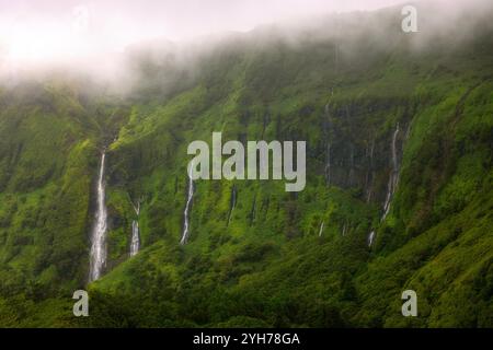 Auf Flores Island auf den Azoren fallen die Wasserfälle Ribeira do Ferreiro und Ribeira Grande wie ein majestätischer Vorhang über eine fast senkrechte Klippe hinunter Stockfoto