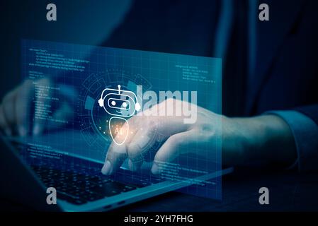 Das Unternehmen interagiert mit einer KI-Schnittstelle auf einem Laptop und symbolisiert damit die Integration künstlicher Intelligenz in digitale Technologie und Programmierprogramme. Technol Stockfoto