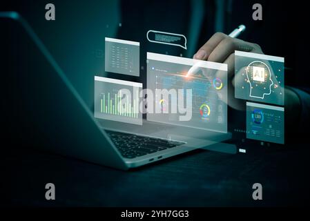 Geschäftsmann verwendet fortschrittliche KI-basierte Datenanalysetools auf einem virtuellen Bildschirm, um die digitale Transformation hervorzuheben. Perfekt für Technik, Daten und Unternehmen Stockfoto