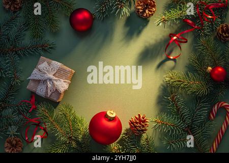 Dekorative Weihnachts- und Winterferien mit Ornamenten, Tannenzweigen und einem Geschenk auf einem weichen grünen Hintergrund Stockfoto