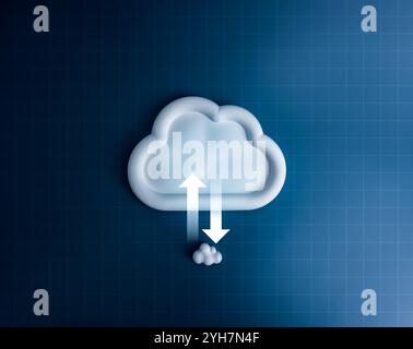 Cloud-Computing-Infrastrukturtechnologie, Konzept für Speicherdienste für Datensysteme. Symbol zum Hochladen und Herunterladen, Übertragungspfeile auf großer und kleiner Cloud Stockfoto