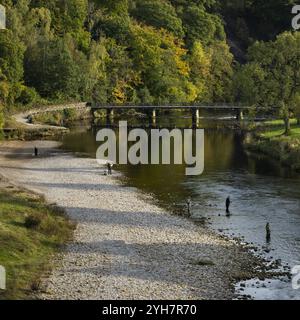 Besucher genießen Freizeitaktivitäten (Wandern, Kieselstrand, Herbstsonne, Fußgängerbrücke) - das malerische Anwesen Bolton Abbey, Yorkshire Dales England, Großbritannien Stockfoto